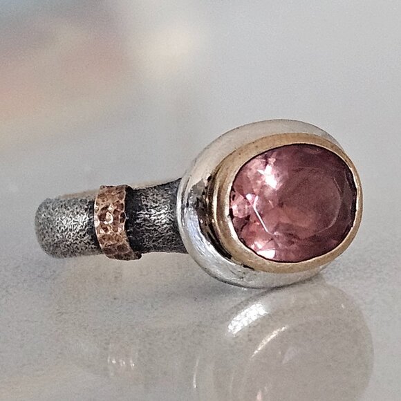 BORA Pink Tourmaline Oxidized Sterling Bronze 22k Gold Brutalist Ring Size 6 - Picture 1 of 6